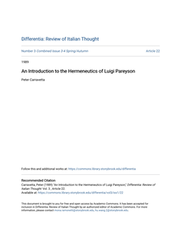 An Introduction to the Hermeneutics of Luigi Pareyson