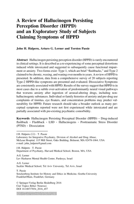 HPPD) and an Exploratory Study of Subjects Claiming Symptoms of HPPD