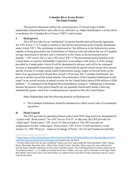 Columbia River Treaty Review the Idaho Position This Position