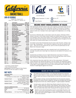 2019-20 Schedule Fast Facts Bears by the Numbers