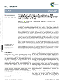 Cinobufagin, a Bufadienolide, Activates ROS-Mediated Pathways to Trigger Human Lung Cancer Cell Apoptosis in Vivo