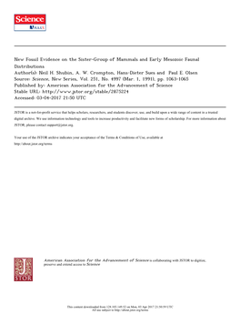 New Fossil Evidence on the Sister-Group of Mammals and Early Mesozoic Faunal Distributions Author(S): Neil H