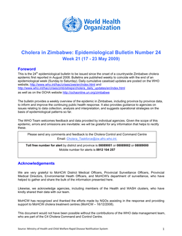 Cholera in Zimbabwe: Epidemiological Bulletin Number 24 Week 21 (17 - 23 May 2009)