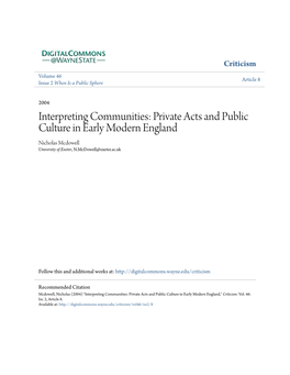 Private Acts and Public Culture in Early Modern England Nicholas Mcdowell University of Exeter, N.Mcdowell@Exeter.Ac.Uk