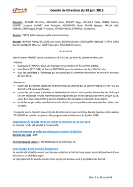 Comité De Direction Du 28 Juin 2018