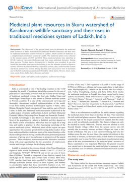 Medicinal Plant Resources in Skuru Watershed of Karakoram Wildlife Sanctuary and Their Uses in Traditional Medicines System of Ladakh, India