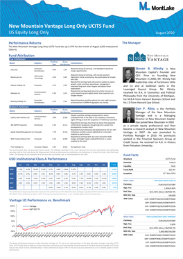 New Mountain Vantage Long Only UCITS Fund US Equity Long Only August 2020