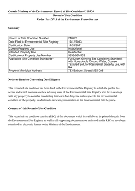 Ontario Ministry of the Environment - Record of Site Condition # 210926 Record of Site Condition Under Part XV.1 of the Environment Protection Act