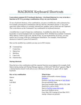 MACBOOK Keyboard Shortcuts