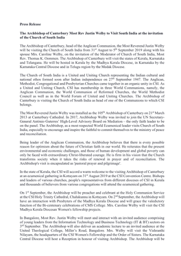 Press Release the Archbishop of Canterbury Most Rev Justin Welby