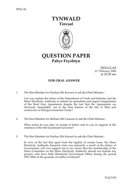 21 Feb 2006 Tynwald Question Paper