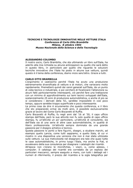 TECNICHE E TECNOLOGIE INNOVATIVE NELLE VETTURE ITALA Conferenza Di Carlo Otto Brambilla Milano, 8 Ottobre 1994 Museo Nazionale Della Scienza E Della Tecnologia