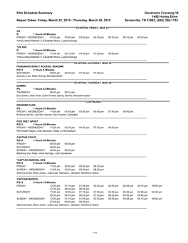 Film Schedule Summary Governors Crossing 14 1402 Hurley Drive Report Dates: Friday, March 22, 2019 - Thursday, March 28, 2019 Sevierville, TN 37862, (865) 366-1752