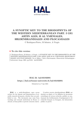 A Synoptic Key to the Rhodophyta of the Western Mediterranean Part. I Gig