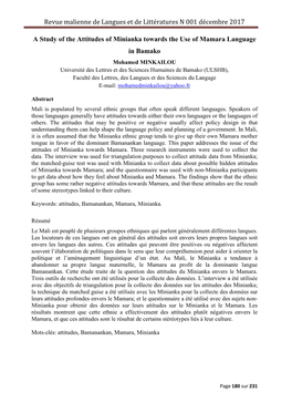 Revue Malienne De Langues Et De Littératures N 001 Décembre 2017 a Study of the Attitudes of Minianka Towards the Use of Mamar