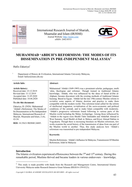 Muhammad ‘Abduh’S Reformism: the Modes of Its Dissemination in Pre-Independent Malaysia1