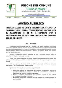 Selezione Commissione Locale Per Il Paesaggio Per I Comuni Di Botrugno, Giuggianello, Nociglia, Sanarica, San Cassiano, Supersano E Surano”