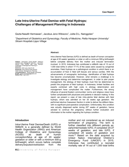 Late Intra-Uterine Fetal Demise with Fetal Hydrops: Challenges of Management Planning in Indonesia