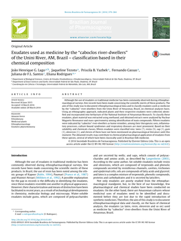 Exudates Used As Medicine by the “Caboclos River-Dwellers” of the Unini River, AM, Brazil – Classification Based in Their