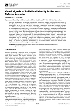 Visual Signals of Individual Identity in the Wasp Polistes Fuscatus Elizabeth A