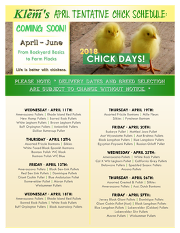 April Tentative Chick Schedule