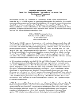 Finding of No Significant Impact Cattle Fever Tick Eradication Program Use of Ivermectin Corn Environmental Assessment January 2017