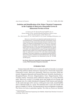 Isolation and Identification of the Major Chemical Components in the Capitula of Matricaria Chamomilla Grown in Khuzestan Province of Iran