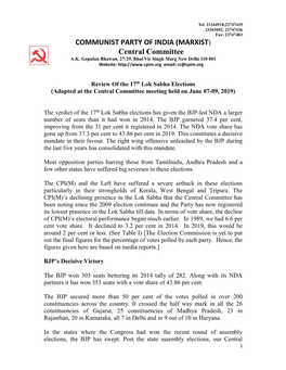 COMMUNIST PARTY of INDIA (MARXIST) Central Committee A.K