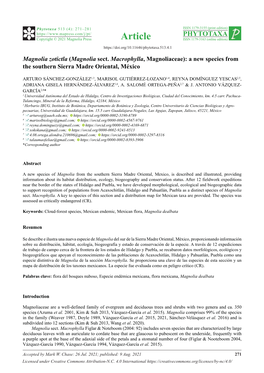 Magnolia Zotictla (Magnolia Sect. Macrophylla, Magnoliaceae): a New Species from the Southern Sierra Madre Oriental, México