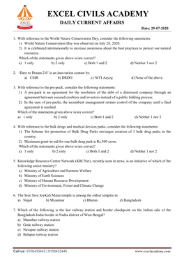 EXCEL CIVILS ACADEMY DAILY CURRENT AFFAIRS Date: 29-07-2020