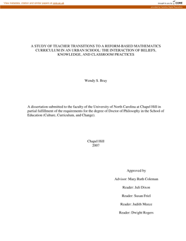 A Study of Teacher Transitions to a Reform-Based Mathematics Curriculum in an Urban School: the Interaction of Beliefs, Knowledge, and Classroom Practices