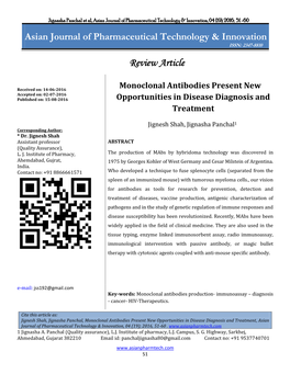 Monoclonal Antibodies Present New Opportunities in Disease Diagnosis and Treatment, Asian Journal of Pharmaceutical Technology & Innovation, 04 (19); 2016, 51-60