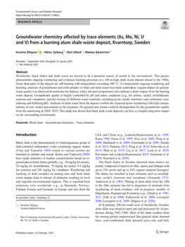 Groundwater Chemistry Affected by Trace Elements (As, Mo, Ni, U and V) from a Burning Alum Shale Waste Deposit, Kvarntorp, Sweden