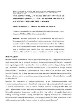 FAST, SOLVENT-FREE, and HIGHLY EFFICIENT SYNTHESIS of PYRAZOLO[3,4-B]PYRIDINES USING MICROWAVE IRRADIATION