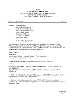 Minutes Clark County School District Special Meeting of the Board of School Trustees Klvx Communications Group 4210 Channel 10 Drive, Las Vegas, Nv 89119