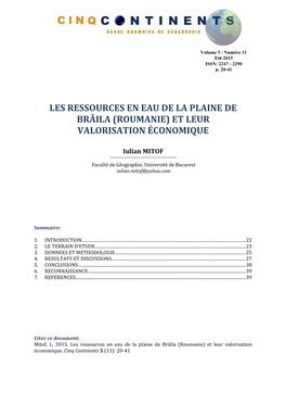 Les Ressources En Eau De La Plaine De Brăila (Roumanie) Et Leur Valorisation Économique