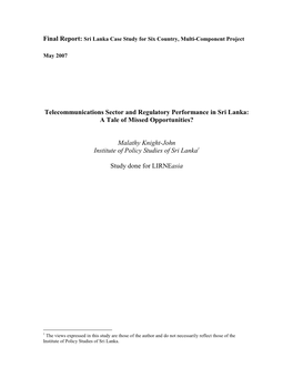 Telecommunications Sector and Regulatory Performance in Sri Lanka: a Tale of Missed Opportunities?