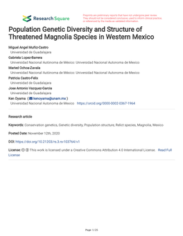 Population Genetic Diversity and Structure of Threatened Magnolia Species in Western Mexico