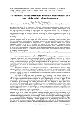 Sustainability Lessons Learnt from Traditional Architecture: a Case Study of the Old City of As-Salt, Jordan