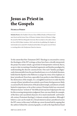 Jesus As Priest in the Gospels Nicholas Perrin