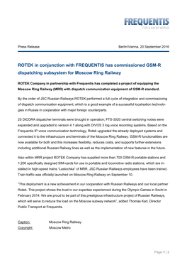 ROTEK in Conjunction with FREQUENTIS Has Commissioned GSM-R Dispatching Subsystem for Moscow Ring Railway