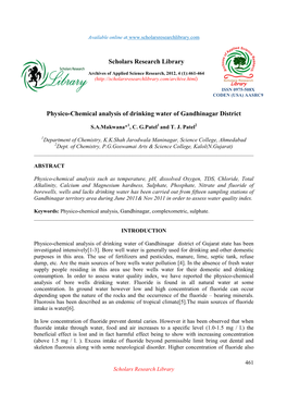 Physico-Chemical Analysis of Drinking Water of Gandhinagar District