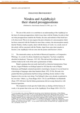 Nirukta and A∑†Ådhyåy¥: Their Shared Presuppositions (Published In: Indo-Iranian Journal 23 (1981), Pp