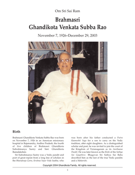 Biography of Brahma Sri Ghandikota Subba