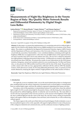 Measurements of Night Sky Brightness in the Veneto Region of Italy: Sky Quality Meter Network Results and Diﬀerential Photometry by Digital Single Lens Reﬂex