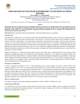 Preparation of Magnesium Hydroxide Nanoparticles from Bittern R.D