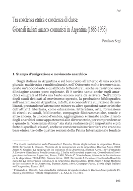 Tra Coscienza Etnica E Coscienza Di Classe. Giornali Italiani Anarco-Comunisti in Argentina (1885-1935)