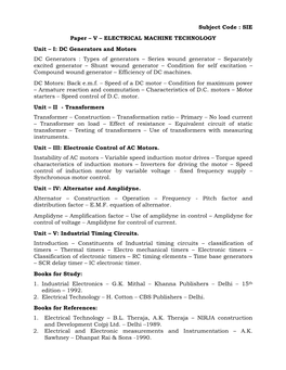 SIE Paper – V – ELECTRICAL MACHINE TECHNOLOGY Unit