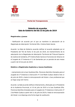Relación De Acuerdos Sala De Gobierno Del Día 22 De Julio De 2019
