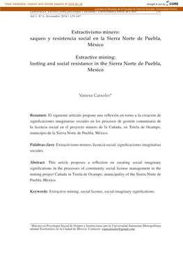 Extractivismo Minero: Saqueo Y Resistencia Social En La Sierra Norte De Puebla, México